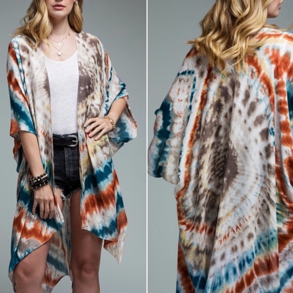 Boutique NWT Teal Multi Viscose Bohemian Tie Dye Kimono Open Front Beach Coverup